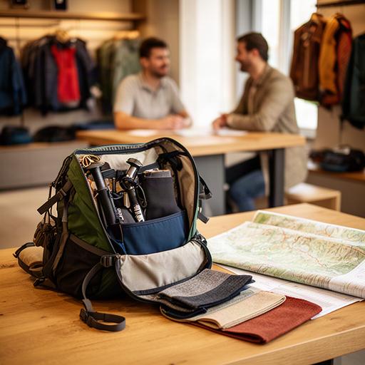 Beratungstisch im Wettinger Outdoor-Laden mit Rucksack und Wanderkarte
