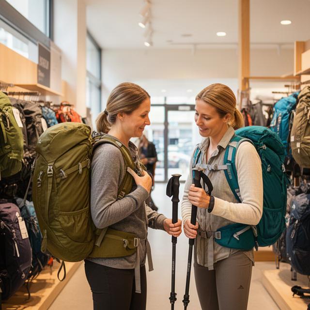 Zwei Kundinnen prüfen Rucksäcke und Trekkingstöcke im hellen Outdoor-Laden in Wettingen