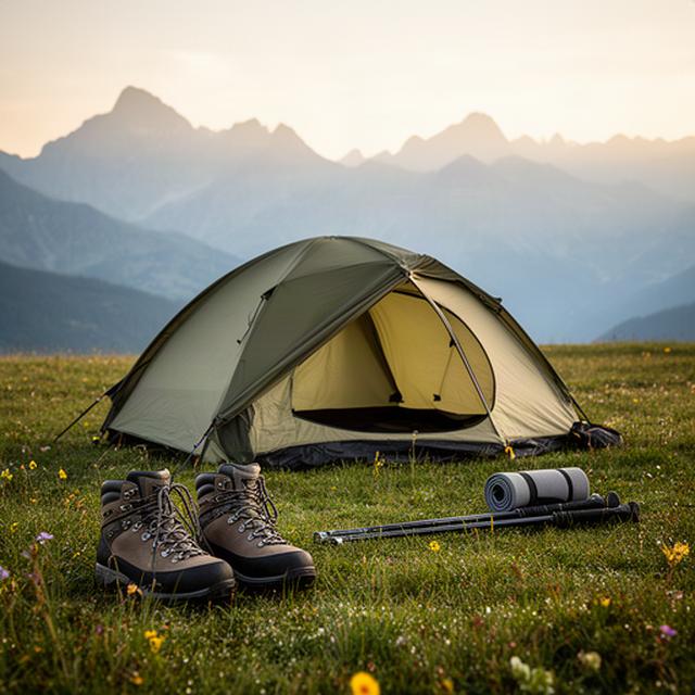 Leichtes Trekkingzelt und Wanderschuhe auf einer alpinen Wiese bei Morgenlicht