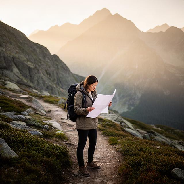 Wanderin mit Rucksack prüft eine Karte auf einem alpinen Weg im Morgenlicht