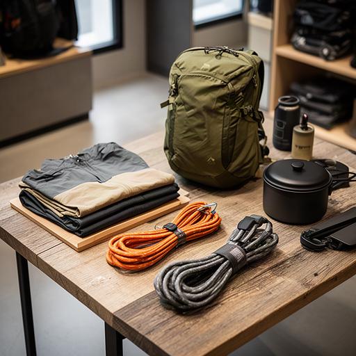 Detailaufnahme von sorgfältig geordneten Outdoor-Produkten auf einem Verkaufstisch